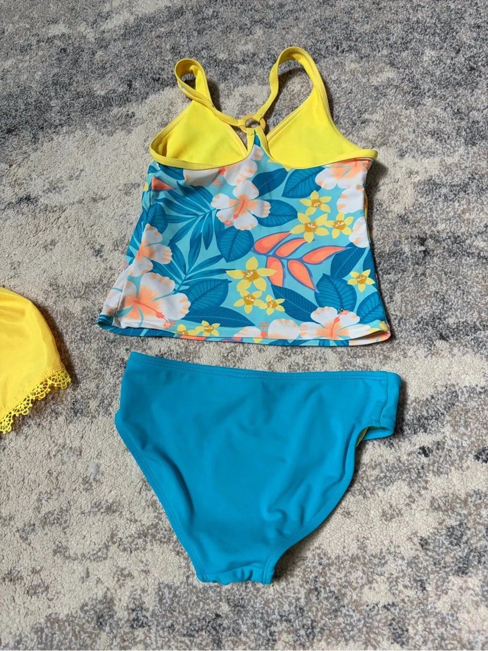 Girls' Tropical Blue Floral Tankini with Yellow Shorts